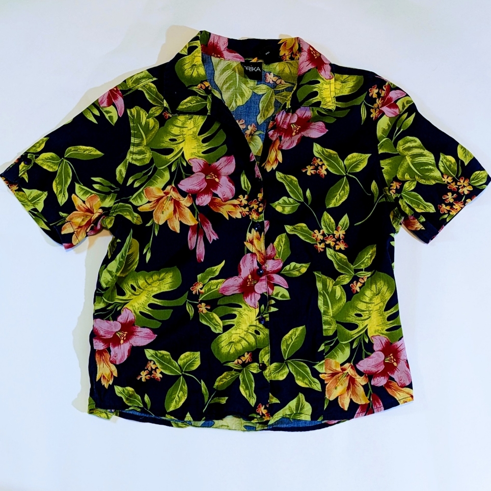 Vintage 90s dark blue floral print button up